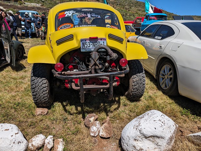 Yellow Baja Bug (engine) vintage car rally, La Bufadora, Ensenada, Baja California Sur, Mexico