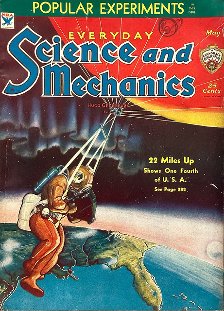 “22 Miles Up” by Frank R. Paul on the cover of “Everyday Science and Mechanics,” May 1934.  Hugo Gernsback, Editor.