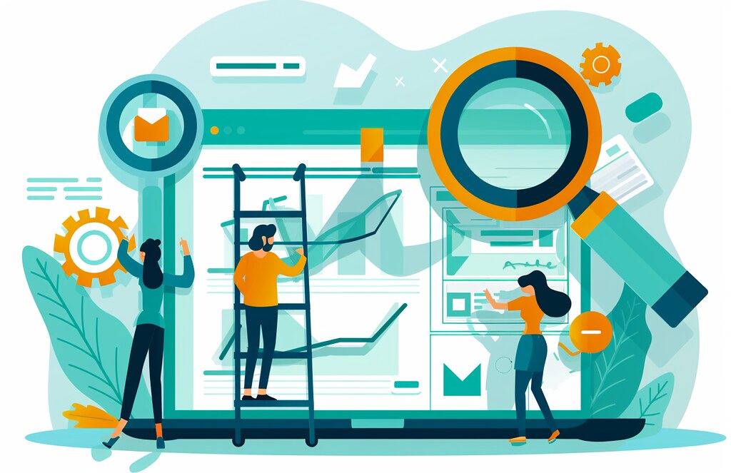 векторная графическая иллюстрация ошибок SEO на веб-сайте в цветовой схеме тила — 17:11