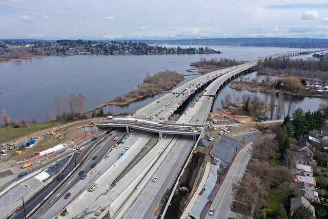 Aerial view of SR 520 land to lake connection