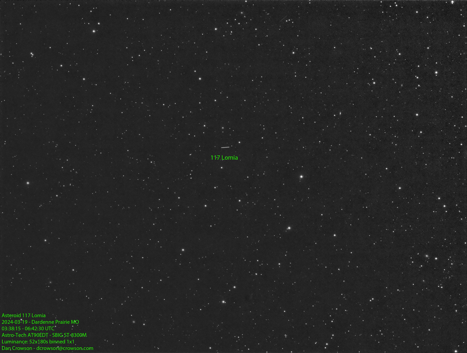 Asteroid 117 Lomia - 52x180s - 2024-03-19