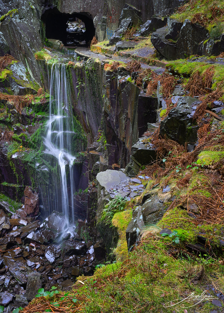 Sinc Galad waterfall. Dinorwig Quarry, Llanberis, Snowdonia