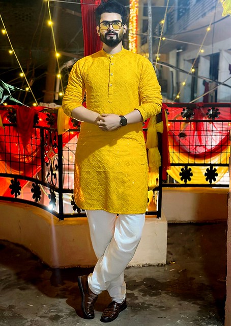Mukesh Singh Malhotra in Amnyver Brand Yellow Kurta Pajama
