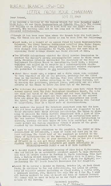 Letter on fight for equality at Bureau of Engraving: 1949