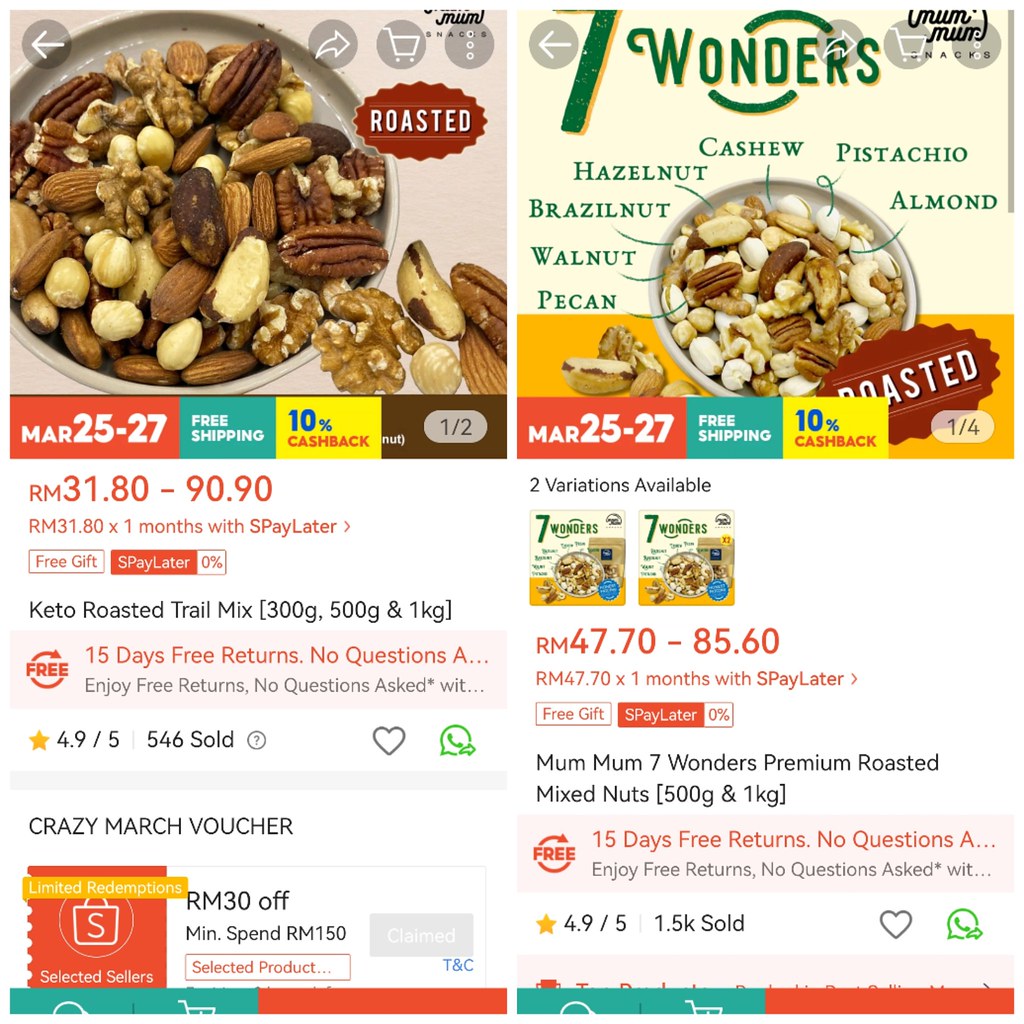 酮烤堅果 Keto Roasted Trail Mix 500g rm$49.60 and 七種堅果 7 Wonders Mixed Nuts 500g rm$47.70 @ Mum Mum Snacks in 蝦皮購物 Shopee