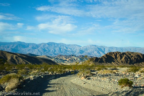 Looking back down the road to the Black Mountains and the "wall" of Hole in the Wall, Death Valley National Park, California 