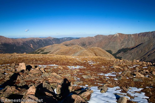 Views down the Baker Mountain ridgeline (Kelso Peak is on the right along with Grizzly Gulch; Kearney Gulch is on the left with the ridgeline of Mt. Sniktau at the edge of the photo) from Cupid Peak above Loveland Pass, Arapaho National Forest, Colorado
