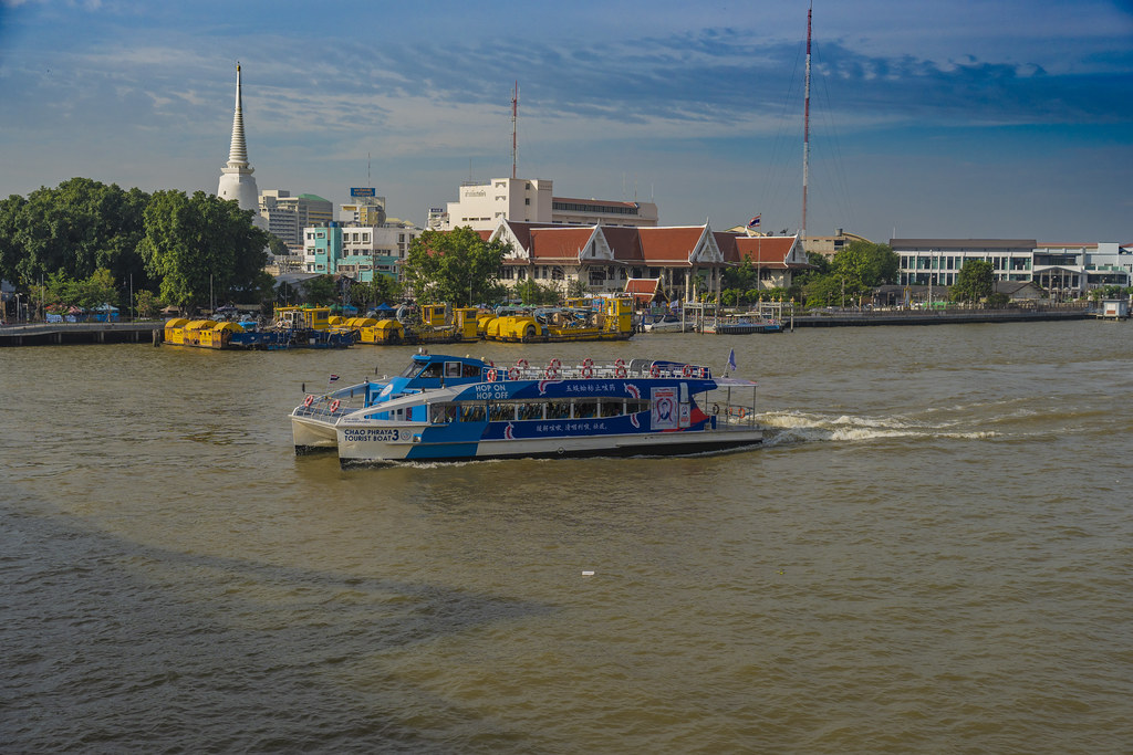 Hop on Hop off tourist boat catamaran on the Chao Phraya river in Bangkok, Thailand