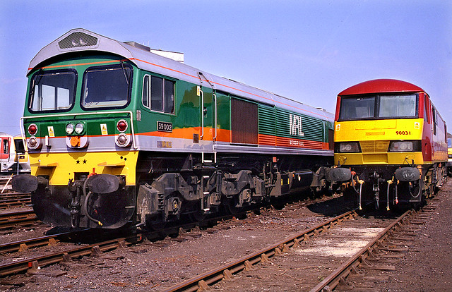 Mendip Rail 59002 and EWS 90031 at old Oak Common. 5 August 2000.