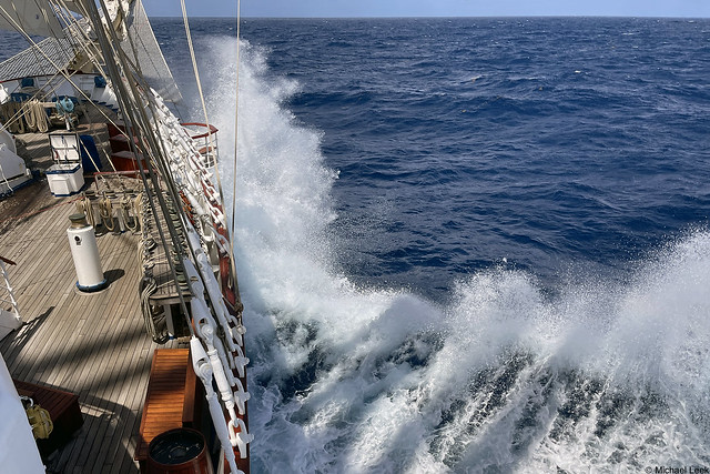 Atlantic swell: onboard the five-masted sailing ship Royal Clipper, east of Martinique, Windward Islands, North Atlantic.