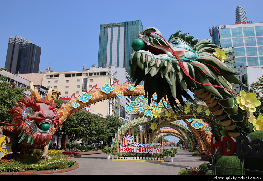 Giant dragons at the entrance of Nguyen Hue Street, Ho Chi Minh City, Vietnam