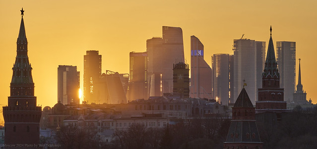 Russia. Moscow. The Kremlin and Moscow City at sunset.