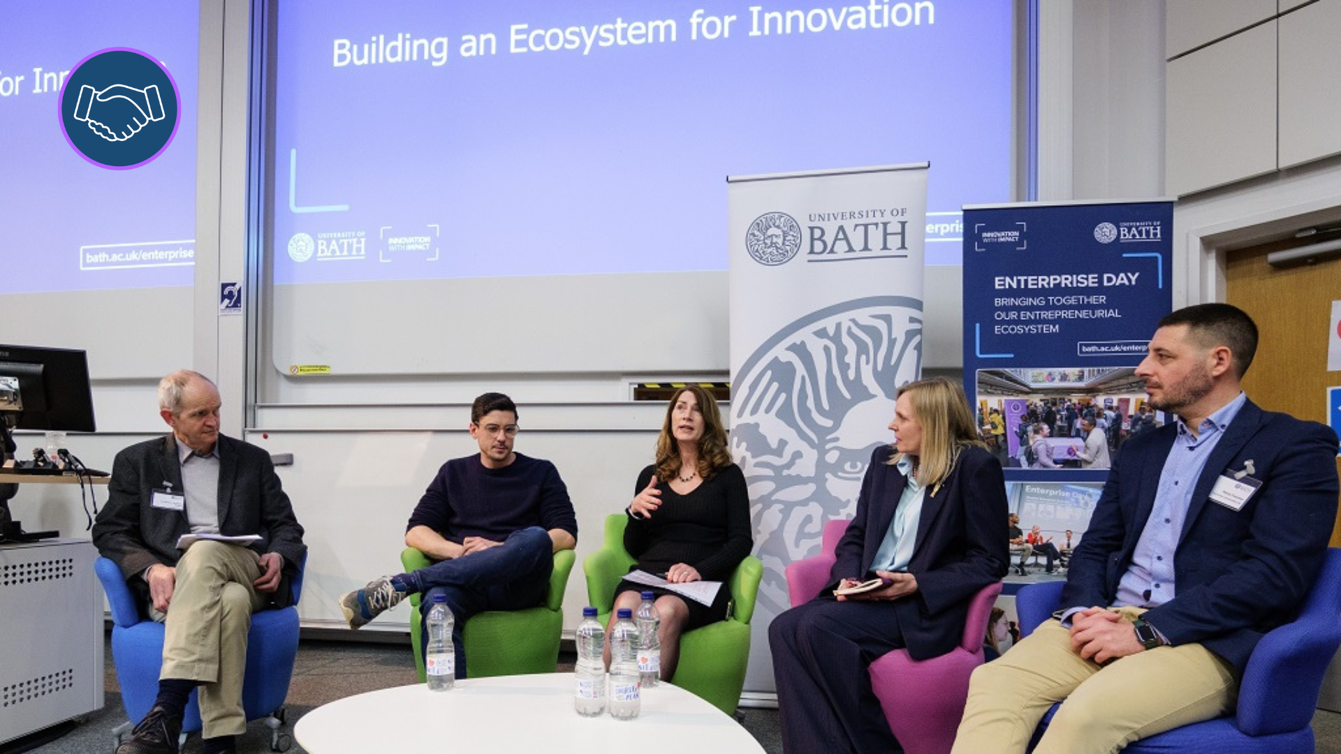 Left to right: Prof Jonathan Knight, VP Enterprise; Dr Harry Destecroix, Science Creates Founder; Prof Millie Stone, Royal Society Entrepreneur in Residence; Andrea Kelly, Innovation Centre Manager; Remy Foucher, Relationship Manager, Santander. 