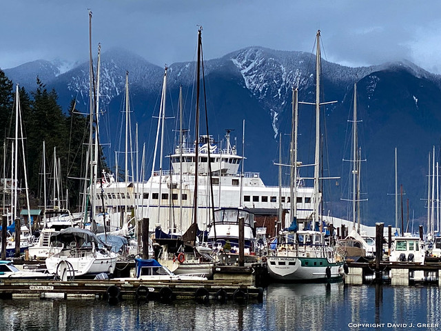 Boats, Masts, Ferry, and Mountains