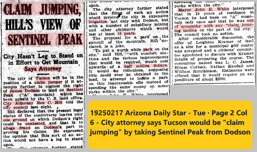 19250217 Arizona Daily Star - Tue · Page 2 Col 6 - City attorney says Tucson would be claim jumping by taking Sentinel Peak from Dodson