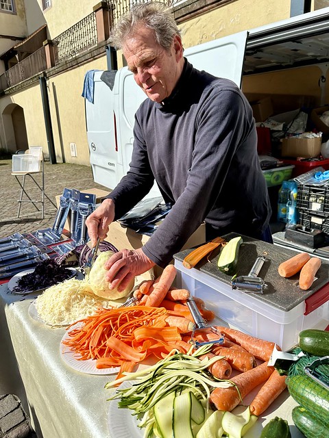 Frenchman selling vegetable shredding tools, Riquewihr, France
