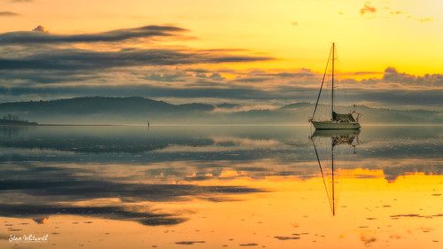 Tamar Sunset by busso58, Hillwood, East Tamar, Tasmania.australia tasmania tamar river reflections yacht seascape sunset