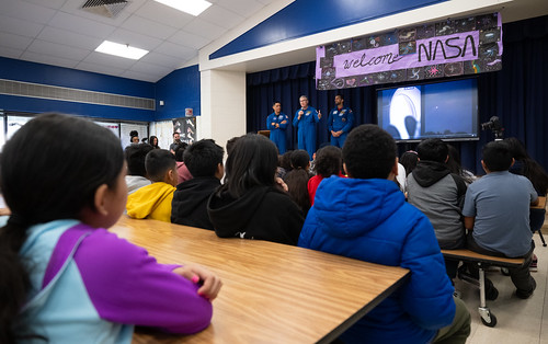 Expediton 69 Postflight Visit to Rolling Terrace Elementary School (NHQ202403220011) NASA astronauts Frank Rubio, left, and Stephen Bowen and UAE (United Arab Emirates) astronaut Sultan Alneyadi speak to students at Rolling Terrace Elementary School, Friday, March 22, 2024, in Takoma Park, Maryland. Bowen and Alneyadi spent 186 days aboard the International Space Station as part of Expedition 69; while Rubio set a new record for the longest single spaceflight by a U.S. astronaut, spending 371 days in orbit on an extended mission spanning Expeditions 68 and 69.  Photo Credit: (NASA/Joel Kowsky)