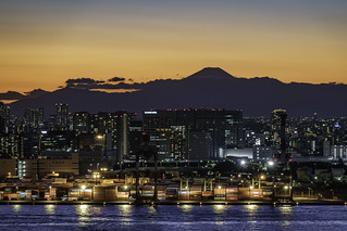 Container port in Shinagawa with the backdrop of Mt. Fuji