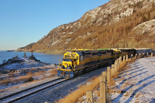 Curling Around Beluga Point by Dave Blaze Rail Photography, It's about 12:20 PM on a cold clear winter day and the sun is low in the sky but as high as it will 