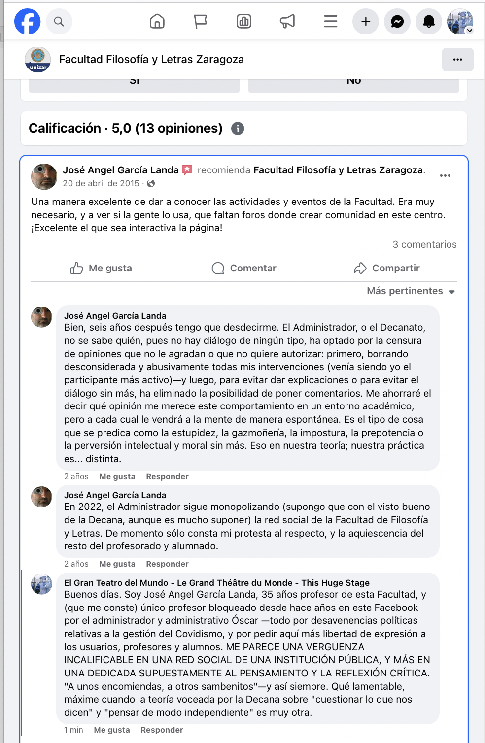 Opinión sobre el Facebook de la Facultad