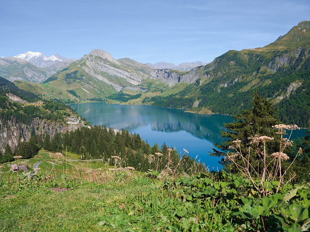 Lac de Roselend and Mont Blanc seen from just below the Col du Pré