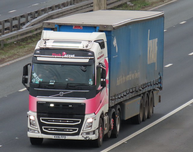 Pink Parrott Transport, Volvo FH (KX16FFD) On The A1M Southbound, Fairburn Flyover, North Yorkshire 21/3/24