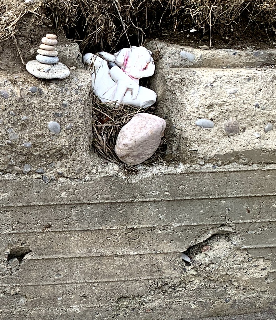 “Interesting items & some stones found at this shore or deposited on this old concrete wall at the shore of Lake Ontario in Paradise beach park on the waterfront trail , cropped photograph , Martins photograph , Ajax , Ontario , Canada , February 22 2024”