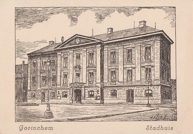 Ansichtkaart - Gorinchem, Stadhuis (uitg onbekend, tekening A. v. Riet)