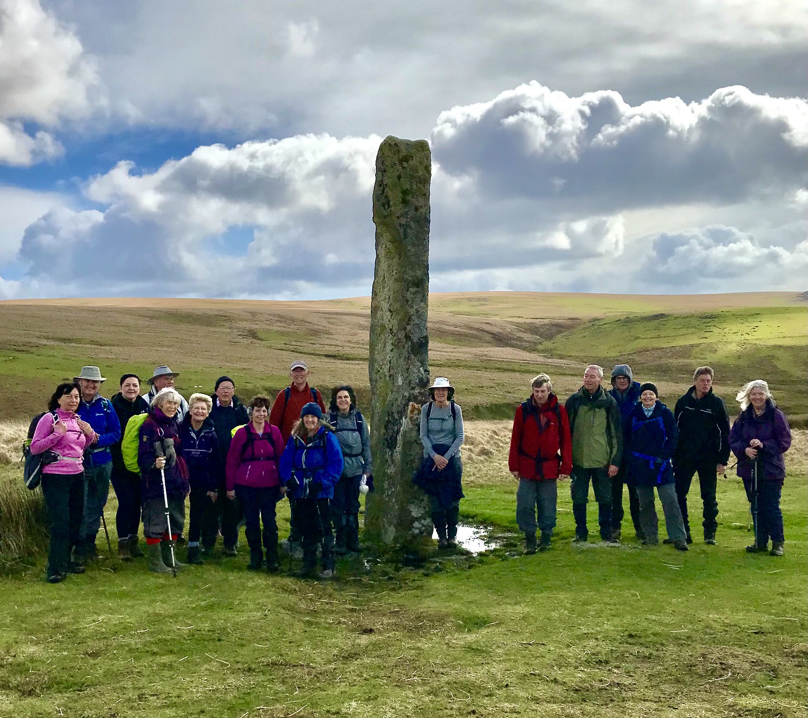 The group today by the 4.2m Menhir at Drizzlecombe,  known as The Bone Stone’