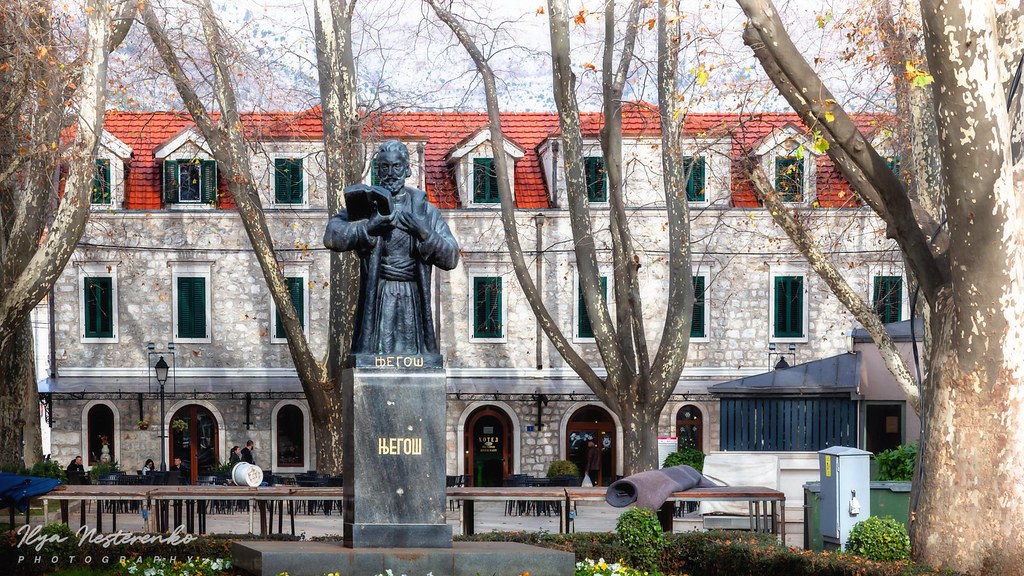 A town square with a monument to Njegoš in Trebinje, Republika Srpska, Bosnia