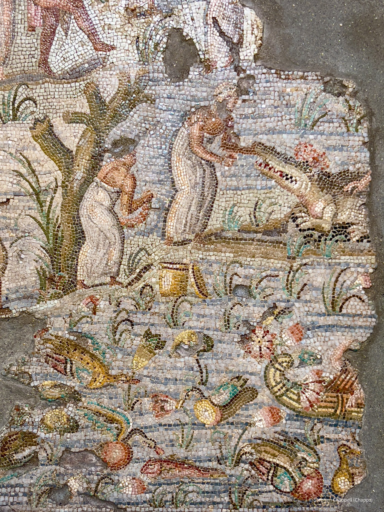 Detail of mosaic with Nilotic scene - feeding a rose-wreathed crocodile