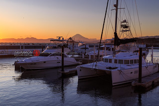 yacht, yacht harbor, sea, sunset, evening Mt.Fuji, snowy mountain