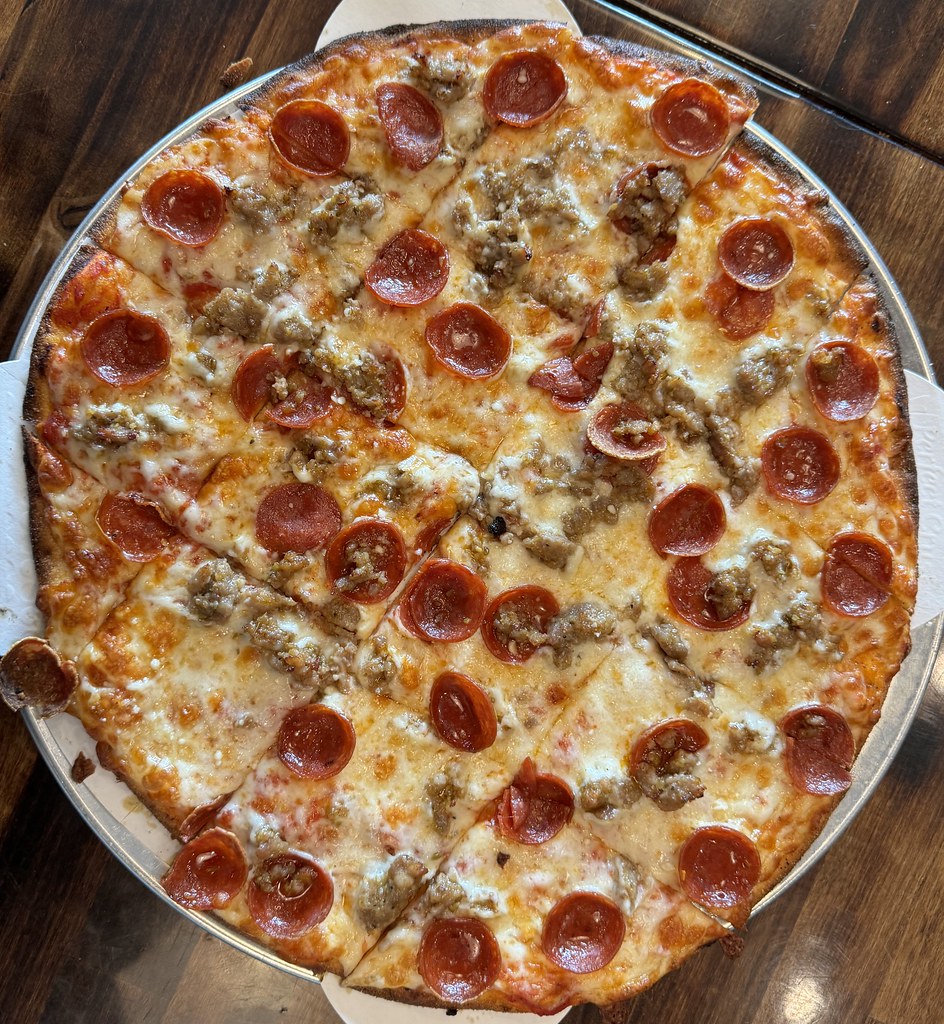 Chicago tavern-style pepperoni and sausage pizza