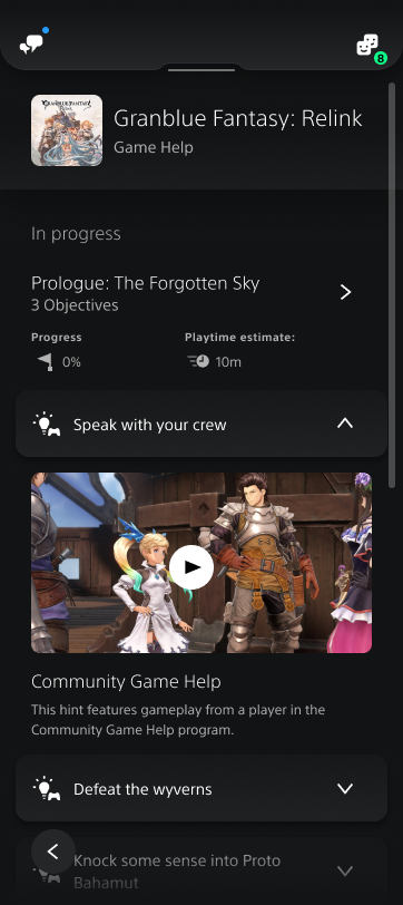 Captura de pantalla de PlayStation App que muestra la Ayuda de juego de la comunidad para Granblue Fantasy: Relink