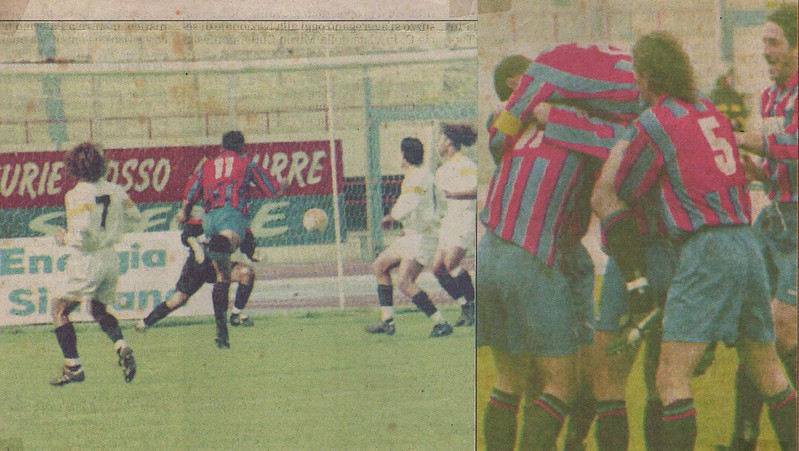 Roberto Manca realizza il gol del momentaneo 2-0 al Giugliano (Foto: Ritaglio La Sicilia)