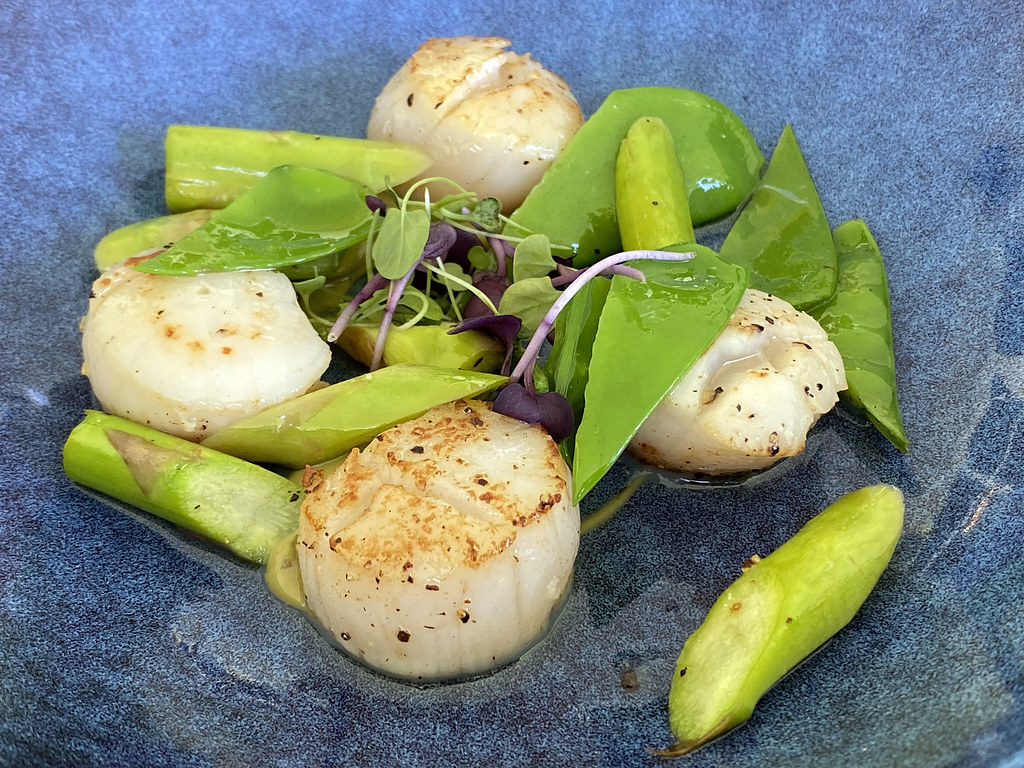 Seared scallops, textures of spring peas