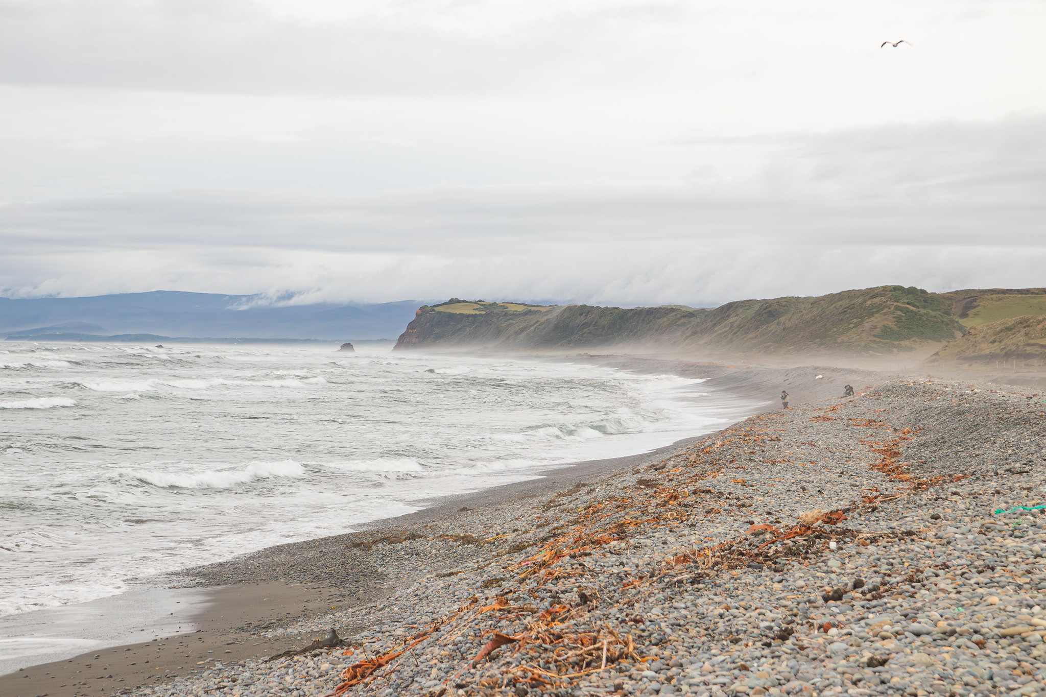 Brume et embruns sur une plage de l'océan Pacifique au Chili