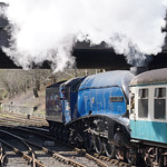 24th March 2024.  Ex-LNER A4 Pacific No. 60007 Sir Nigel Gresley leaves Bury Bolton Street on the East Lancashire Railway