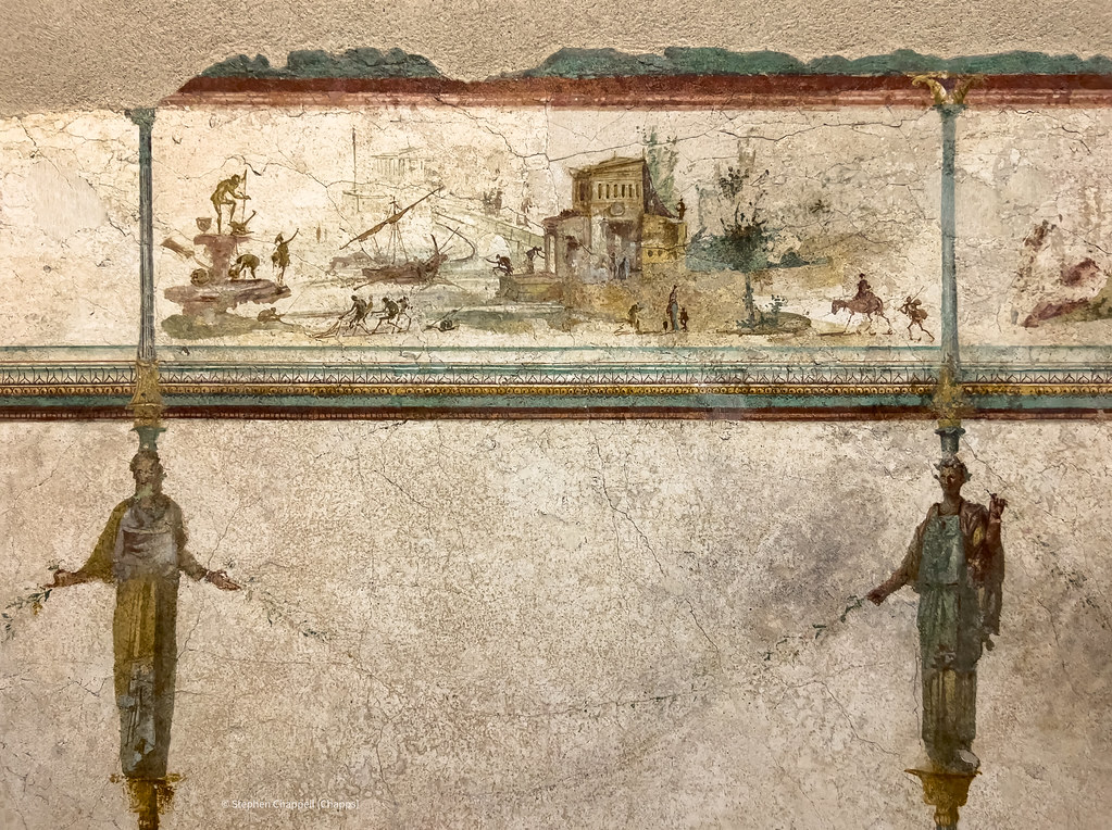 Imaginary landscape on a corridor fresco panel from the ancient Villa della Farnesina in Rome