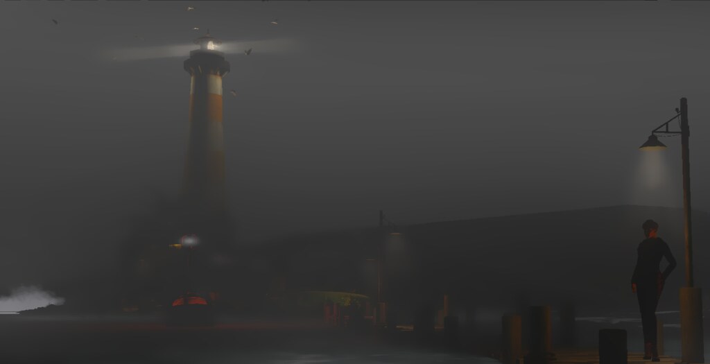 the seagulls get lost in the nocturnal glare of the lighthouse