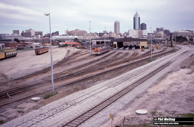7434 7433 New trackworks looking towards Claisebrook Railcar Depot from Jewell Street Bridge East Perth 3 July 1988