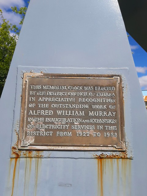 Bordertown SA. Plaque on the memorial clock for the work of Alfred Murray to bring electricity to Bordertown 1922 to 1958.