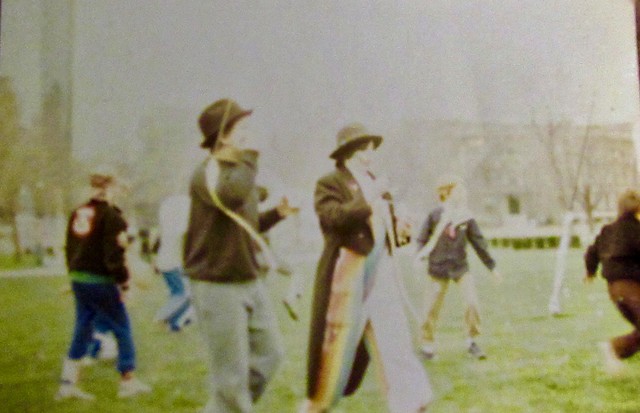 Kora Mueller and me as clowns, anti-cruise-missile rally, ca 1983, Queen's Park, Toronto, Ontario, Canada