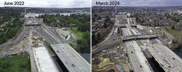 Before and after: Looking west at the Montlake lid and interchange