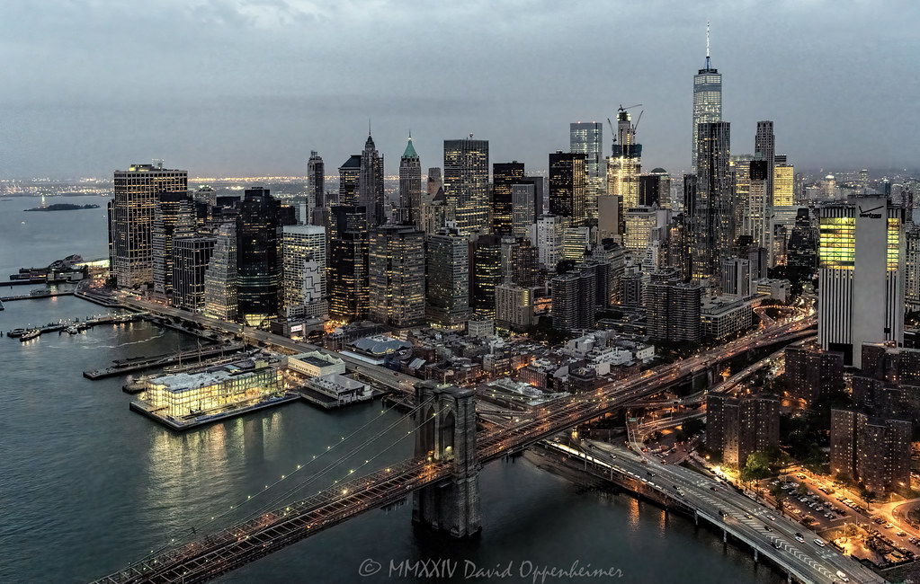 The Brooklyn Bridge, Financial District, and The Battery in Lower Manhattan Skyline Aerial View