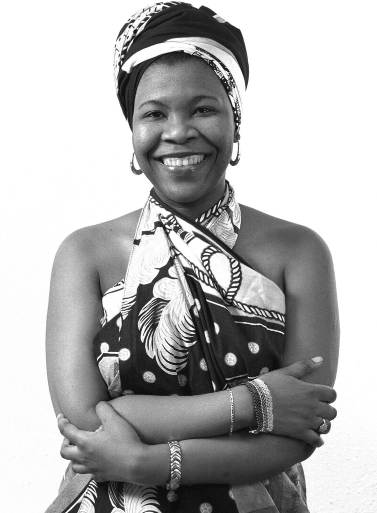 South African Nurse in Swazi King Mswati III Cloth with Zulu Beads Ethnic Cultural Portrait Photoshoot Havercourt Studio Belsize Park London B&W March 2001 033v