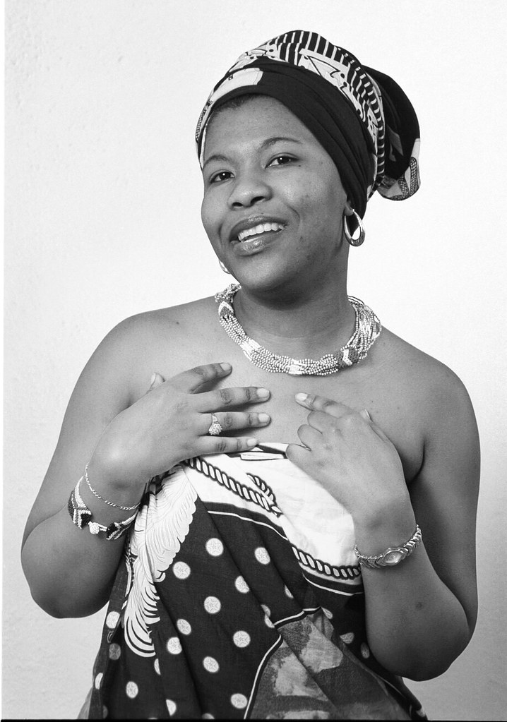 South African Nurse in Swazi King Mswati III Cloth with Zulu Beads Ethnic Cultural Portrait Photoshoot Havercourt Studio Belsize Park London B&W March 2001 028
