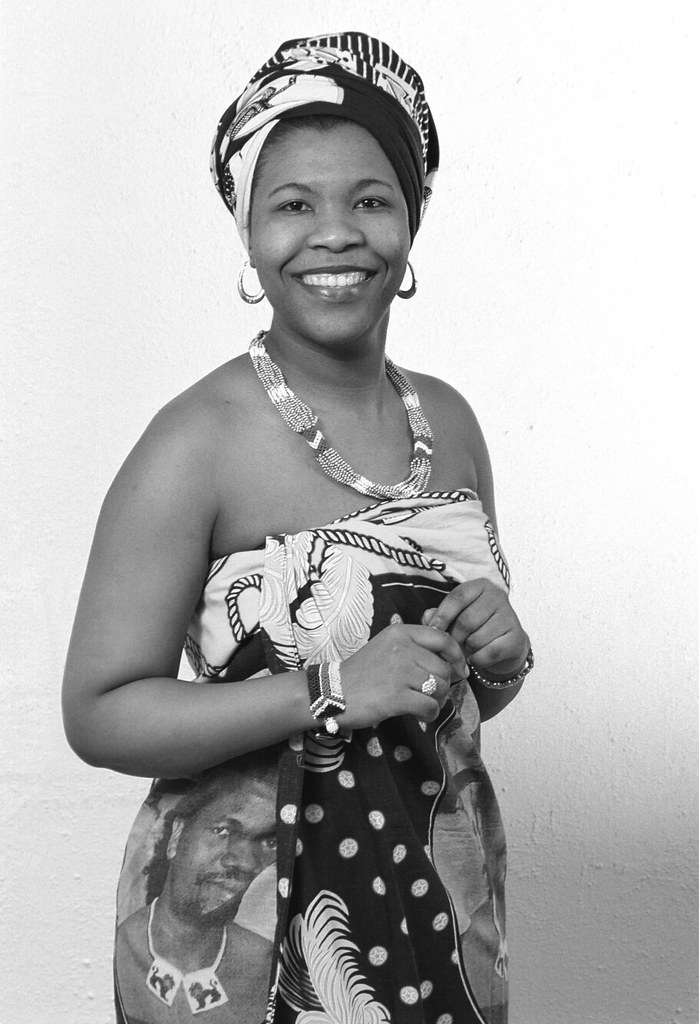 South African Nurse in Swazi King Mswati III Cloth with Zulu Beads Ethnic Cultural Portrait Photoshoot Havercourt Studio Belsize Park London B&W March 2001 023
