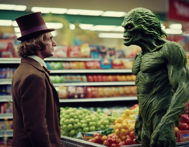 A heated debate between Willy Wonka and Swamp Thing.